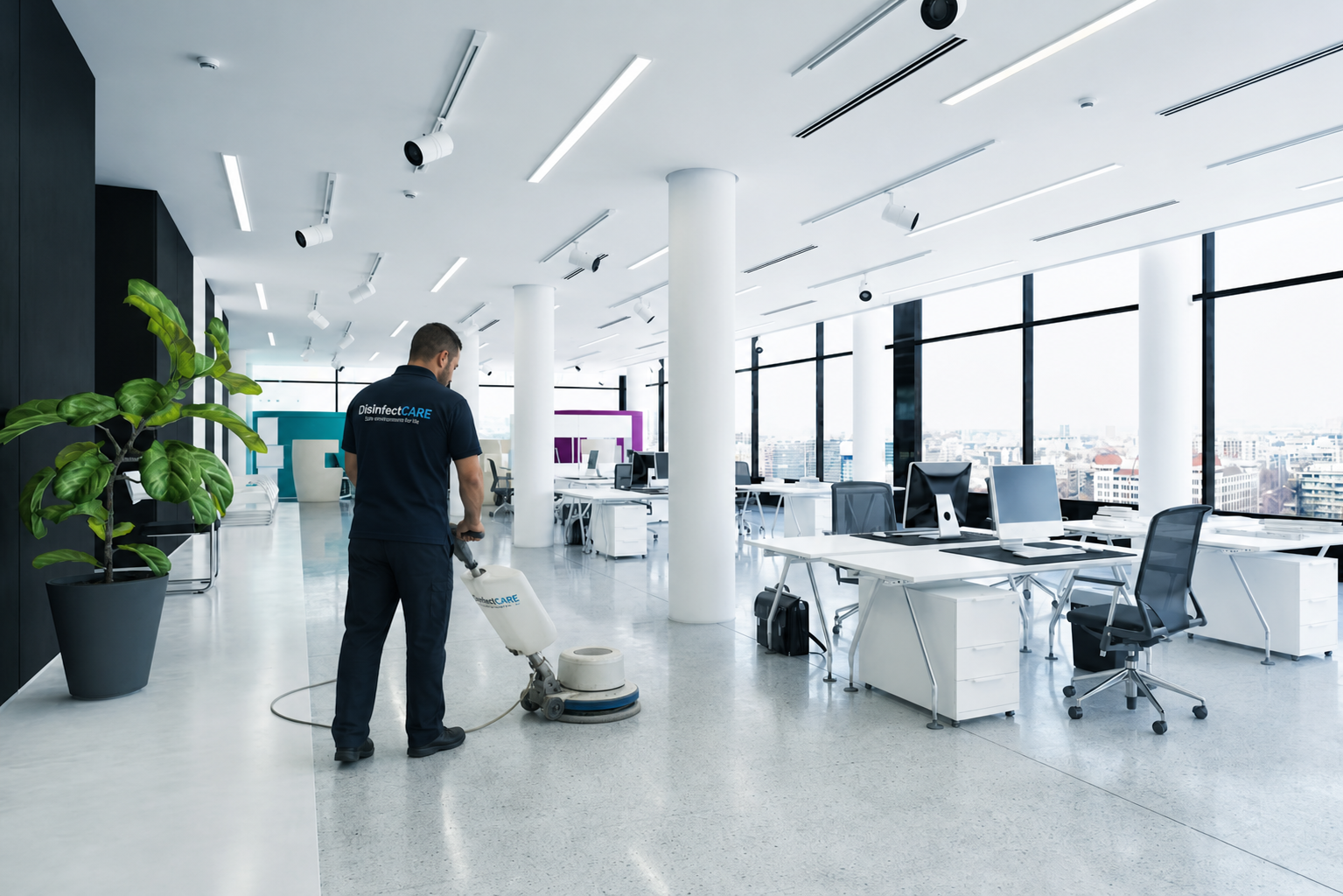 Área de trabajo comercial limpia y organizada con servicio de DisinfectCARE